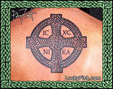Celtic cross tattoo on a person's upper back with symbolic letttring  and 'Lucky Fish.com' branding.