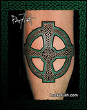Celtic cross tattoo on a person's lower leg with 'Lucky Fish' branding.