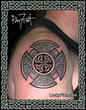 Celtic cross tattoo on shoulder with 'Lucky Fish' branding.