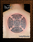 Celtic cross tattoo on a person's back with 'Lucky Fish' branding.