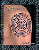 Tattoo design on a shoulder with intricate patterns, likely inspired by Celtic art, with 'Lucky Fish' branding.