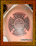 Celtic cross tattoo on shoulder with decorative border and 'Lucky Fish' branding.