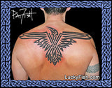 Celtic Battlefield Raven Tattoo Design on back by Pat Fish with LuckyFish branding