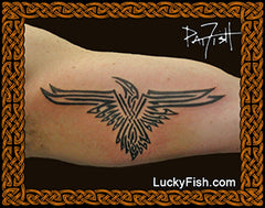 Celtic Battlefield Raven Tattoo Design inner arm by Pat Fish with LuckyFish branding
