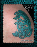 Teal Celtic knot pony horse tattoo on skin with 'Lucky Fish' branding.