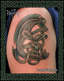 Tattoo of a Celtic knot horse design on skin with 'Lucky Fish' branding.