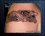 photo of Celtic dog tattoo faithful hound illuminated manuscript art by Pat Fish with LuckyFish branding