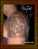 Tattoo of two fish on a person in a postage stamp design on a person's shoulder, with 'Lucky Fish' branding.