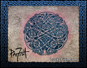 Celtic eel tattoo Book of Kells tattoo design with LuckyFish.com branding