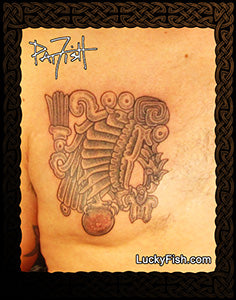 Tattoo design of a Toltec Mexican eagle, featuring the brand 'Lucky Fish'.