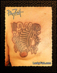 Tattoo design of a Toltec Mexican eagle, featuring the brand 'Lucky Fish'.