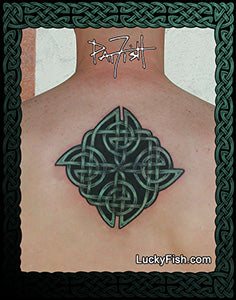 Green Celtic knot tattoo on a person's back with 'Lucky Fish' branding.