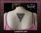 Woman wearing a pink top with a triangular Celtic knot tattoo on the upper back with LuckyFish branding