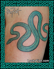 Tattoo of a green snake design on skin with spirals from Newgrange with Lucky Fish branding.