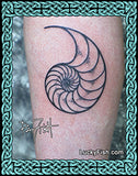 Tattoo of a nautilus shell design on a person's arm with 'Lucky Fish' branding.