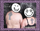 Two happy people with matching tattoos of Celtic crosses on their backs by Pat Fish