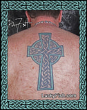 Celtic cross tattoo on a person's back with Lucky Fish branding.