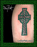 Tattoo by Pat Fish of a Celtic cross design on a person's arm with 'Lucky Fish.com' branding.