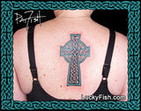 Woman with a Celtic cross tattoo by Pat Fish on her back, with 'Lucky Fish' branding.