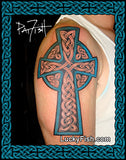 Celtic cross tattoo by Pat Fish on an upper arm with Lucky Fish branding.