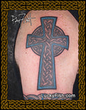 Celtic cross tattoo on upper arm and 'LuckyFish.com' branding.