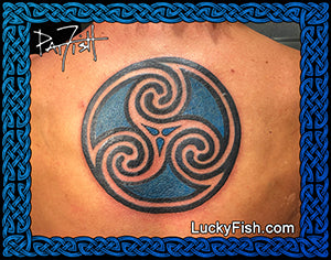 Triskele tattoo on upper back Manx symbol with Lucky Fish logo