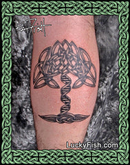 Celtic knot tree of life tattoo with DNA trunk on a person's arm with Lucky Fish branding.