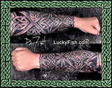 Two views of Celtic tattoo sleeve by Pat Fish  with intricate patterns on a person's arm, featuring the brand 'Lucky Fish'.
