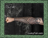 Pictish key pattern tattoo design on a forearm with a signature of Pat Fish and LuckyFish.com branding