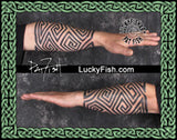Two images of a person's arm with Pictish key pattern tribal tattoos, featuring the brand 'Lucky Fish'.