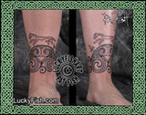 Tattoos on a person's leg with intricate Celtic and Pictish designs, featuring the brand 'Lucky Fish'.
