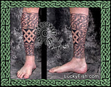 Two views of Celtic knot Tattoo design on legs with a Celtic knot pattern, featuring the brand 'Lucky Fish'.