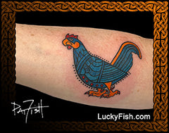 Book of Kells Cock Design tattoo on arm with LuckyFish branding by Pat Fish