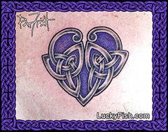 Celtic knot heart tattoo design by Pat Fish featuring the Lucky Fish logo.