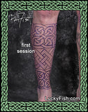 Tattoo session in progress with Celtic knot design on lower leg calf designed and tattooed by Pat Fish