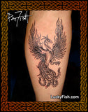 Tattoo of a phoenix on a person's leg with 'Lucky Fish' branding.