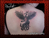 Back with a phoenix tattoo and 'Lucky Fish' branding.