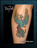 Colorful phoenix tattoo on a person's leg with 'LuckyFish.com' branding.