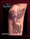 Tattoo of a phoenix on a person's arm with 'LuckyFish.com' branding.