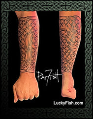 celtic gauntlet knot sleeve tattoo forearm with LuckyFish branding