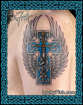 Traditional angel with a cross tattoo  Tattoogridnet