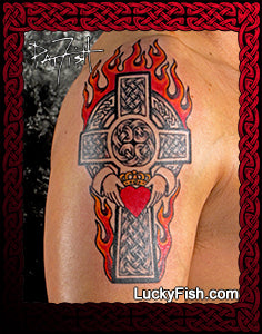 Flaming Claddagh Cross Celtic Tattoo Design
