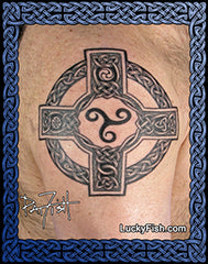 Honor Cross Celtic Tattoo Design with Luckyfish.com branding
