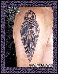 Dark Powers Celtic Bird Tattoo Design with LuckyFish.com branding