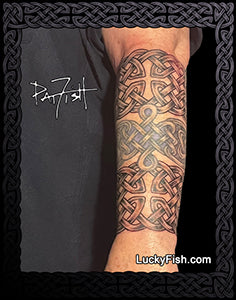 All Saints Half Sleeve front view Celtic tattoo with LuckyFish.com branding