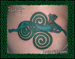 Newgrange Spiral Kells Cat Celtic Tattoo Design with LuckyFish.com branding