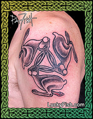 Celtic Triple Hares Tattoo Design on a shoulder by Pat Fish