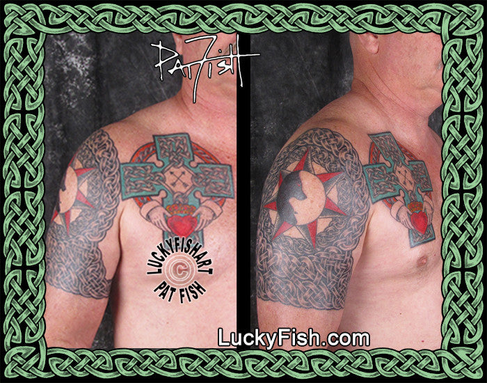 Heritage Celtic Cross Tattoo with Claddagh Design LuckyFishArt